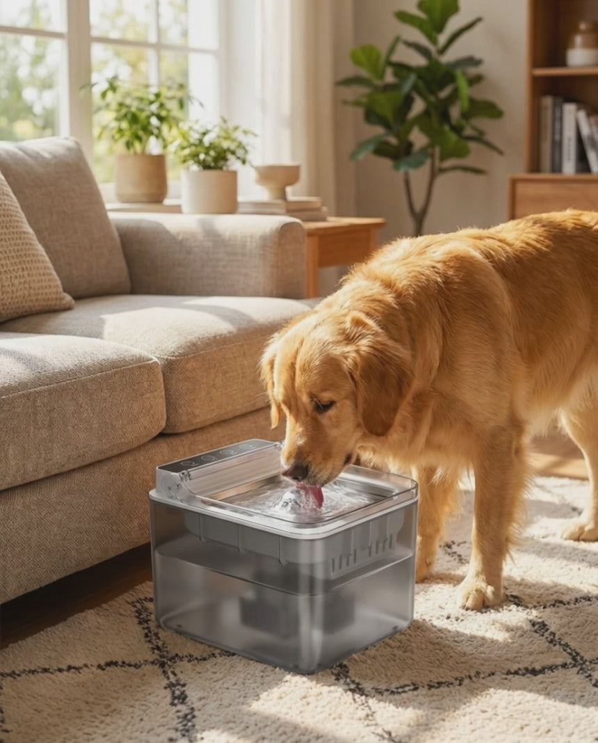 Dog drinking from the cordless Whiskl stainless steel pet water fountain in the living room