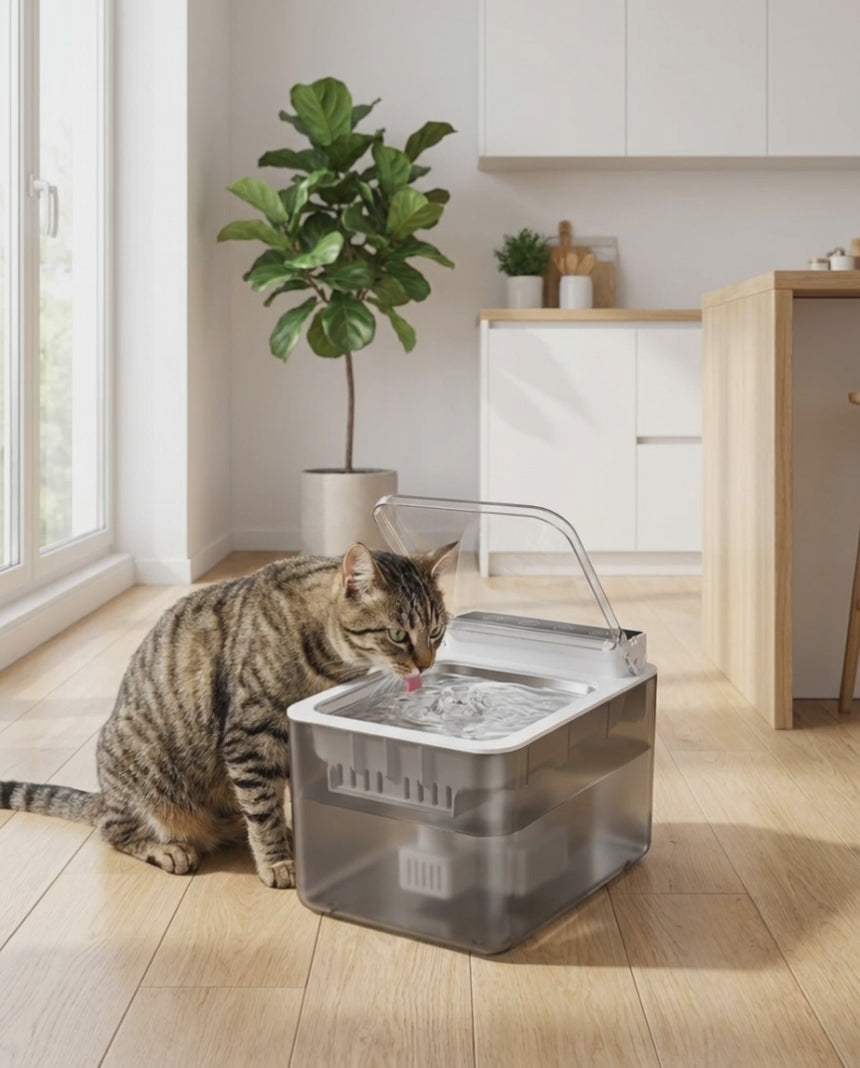 Cat drinking from the Whiskl wireless stainless steel pet water fountain — flowing stream