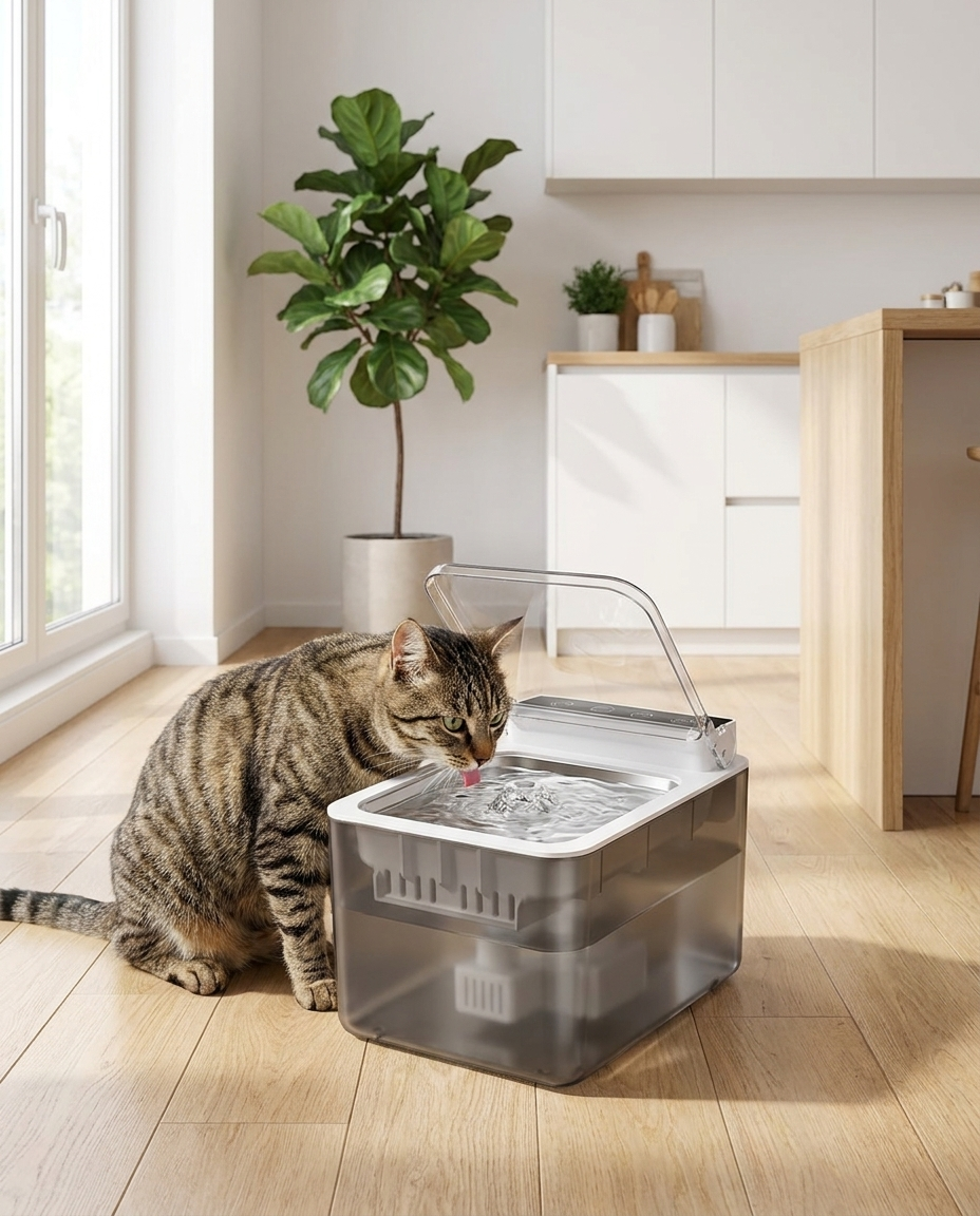 Tabby cat drinking from the Whiskl wireless stainless steel pet water fountain in a bright kitchen