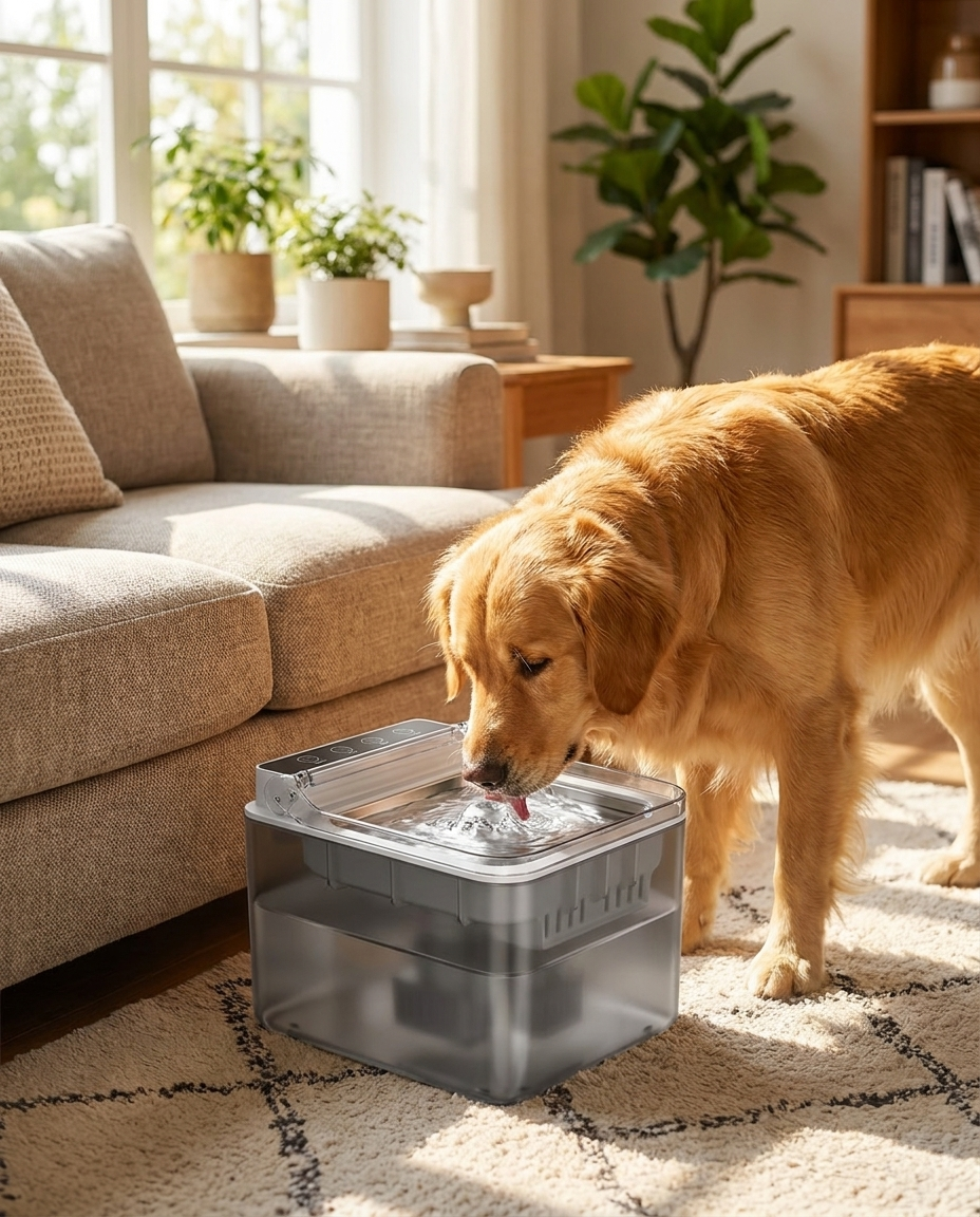 Golden retriever drinking from the cordless Whiskl stainless steel fountain next to the sofa — no cords needed