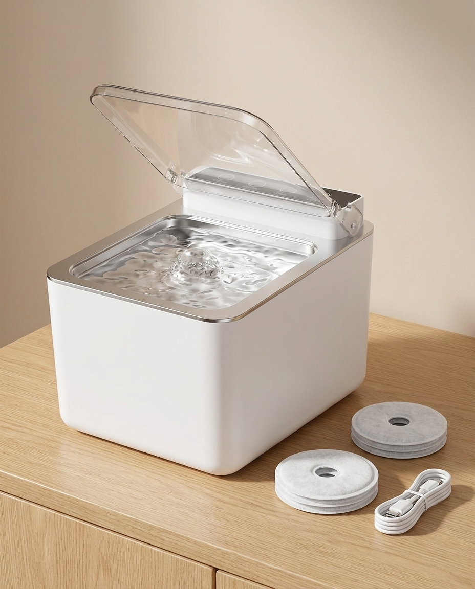 Whiskl wireless stainless steel pet fountain with three replacement filters and Type-C charging cable